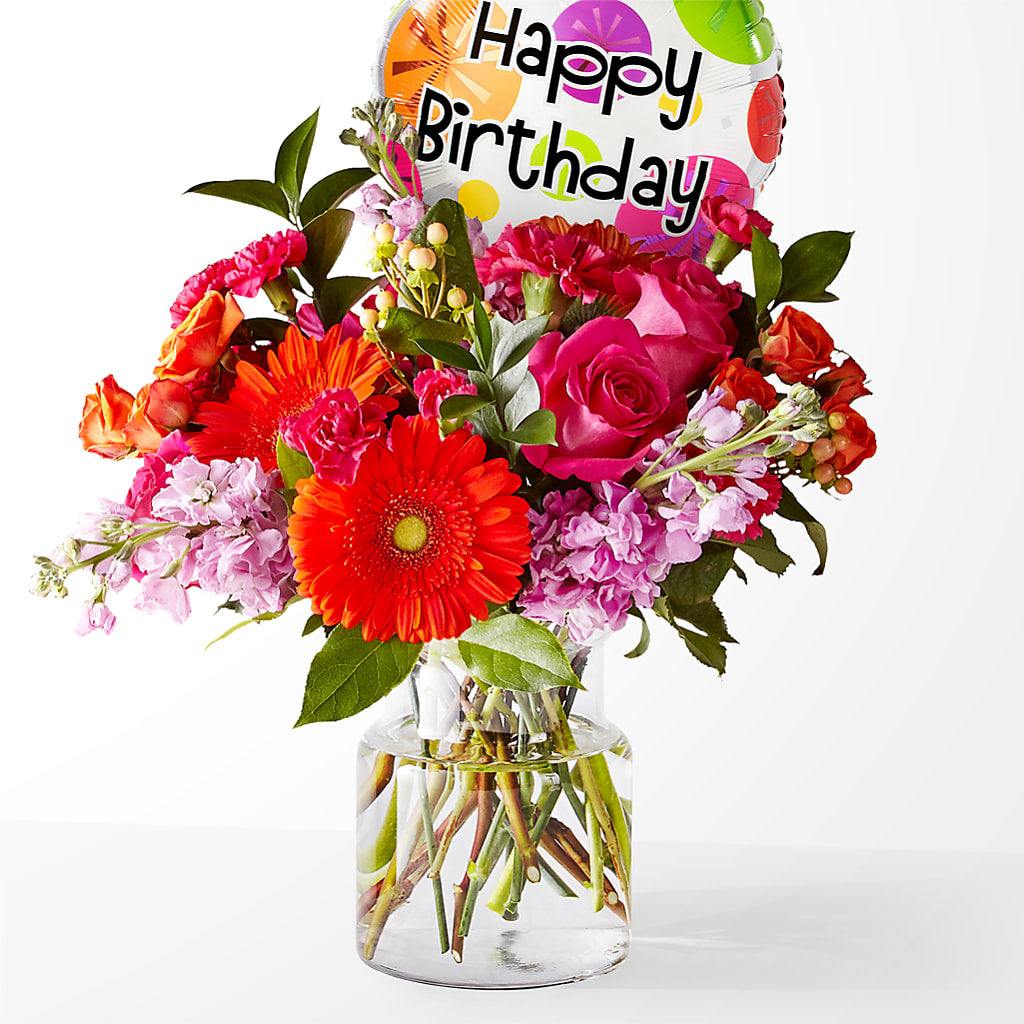 Fiesta Bouquet with Birthday Balloon – BLOOMERS FLOWERS & GIFTS, Campbell CA