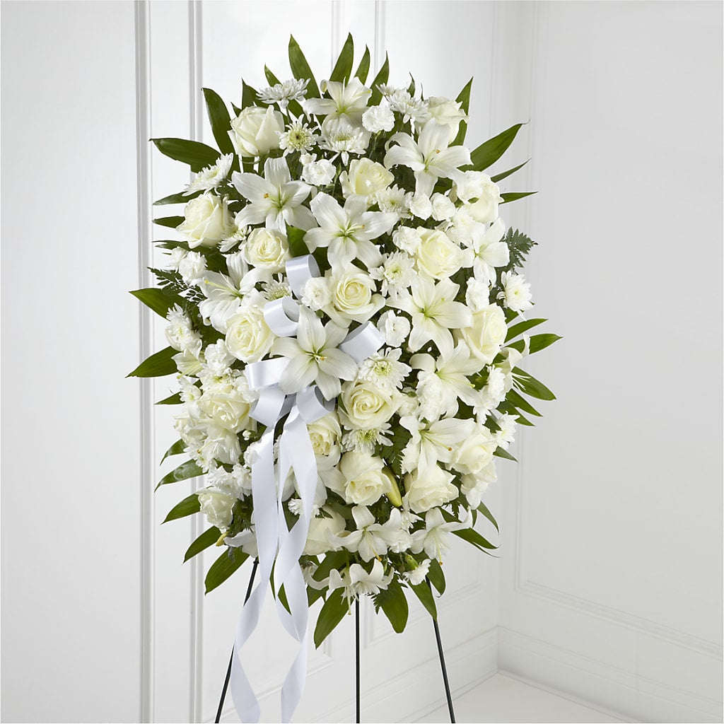 Exquisite Tribute Standing Spray-White Ribbon – BLOOMERS FLOWERS & GIFTS, Campbell CA